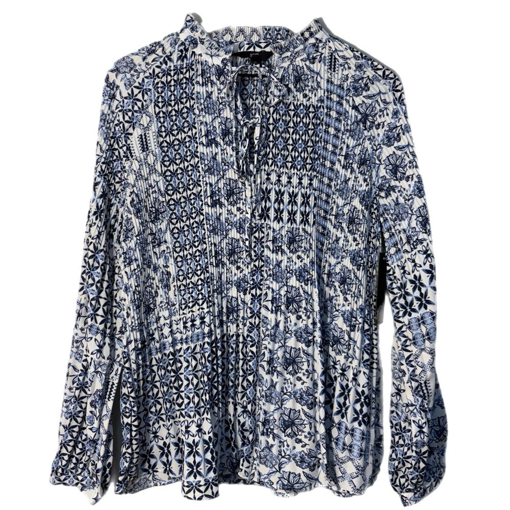 GNW Pleated Blouse Blue White print Long Sleeve Bohemian M.